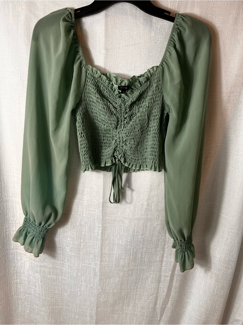 SMOCKED SAGE GREEN Long Sleeve Crop Top SIZE MEDIUM